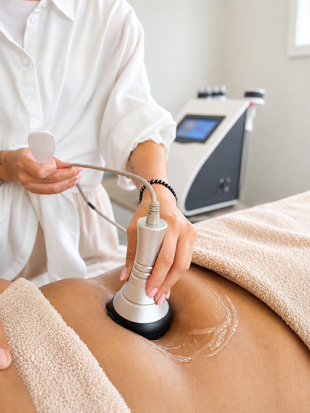 Lipocavitation session using a handheld applicator on the abdomen